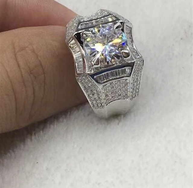 Cincin Pria Berlian Cubic Zirconia Mewah BlingBling Kantoran Ring Perak Campuran