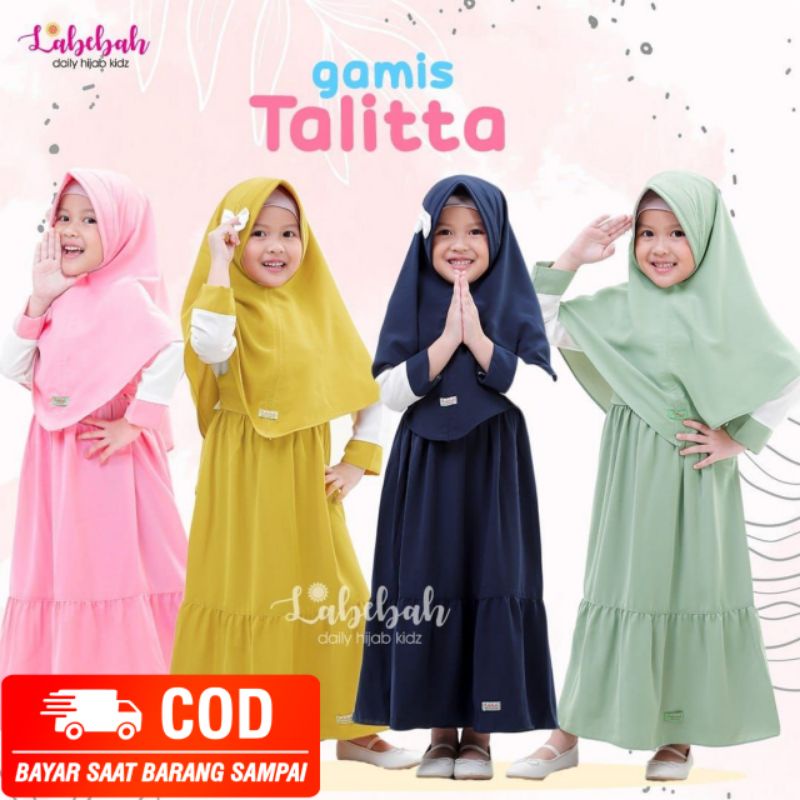 LABEBAH GAMIS OVERALL SET JILBAB ANAK PEREMPUAN USIA 2-9 TAHUN DRESS MUSLIM POLOS KOMBINASI 2 WARNA 
