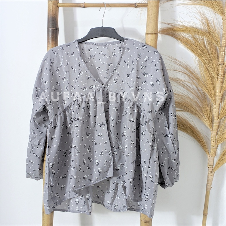 BLOUSE KOREAN STYLE ATASAN WANITA MOTIF FLORAL FLORA BUNGA LENGAN BALON V NECK SESA NAVA - BAHAN WOLFIS