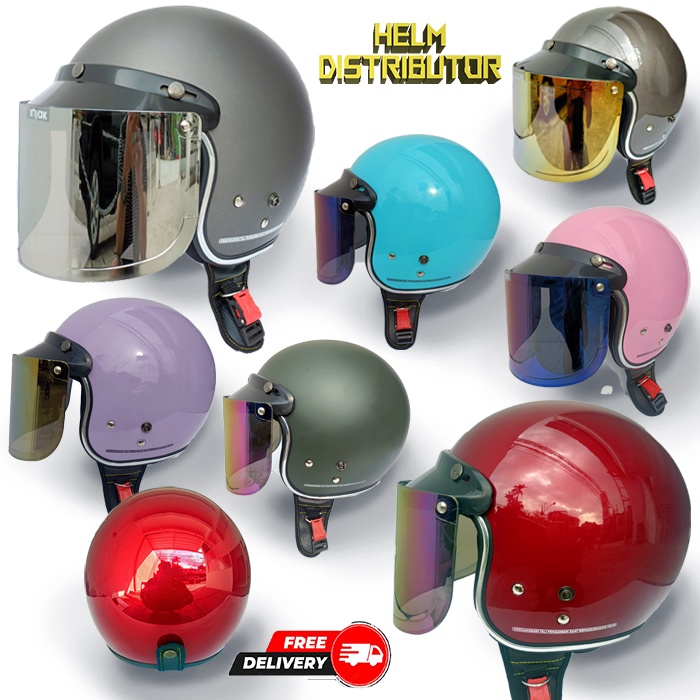 HELM BOGO RETRO KUALITAS PREMIUM LIS CHROME KACA DATAR FULL LEHER SNI DEWASA PRIA WANITA (COD)