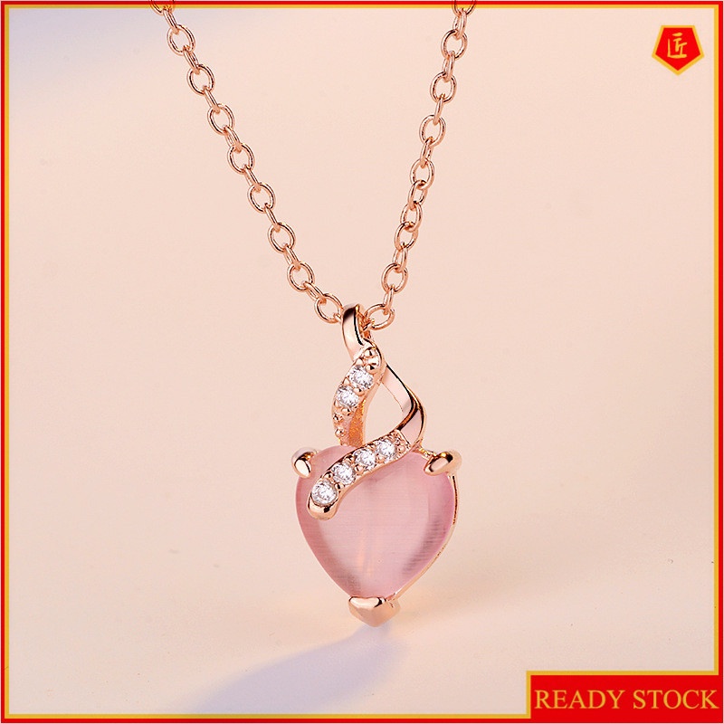 [Ready Stock]Fashion Silver Plated Heart-Shaped Pink Crystal Pendant Necklace