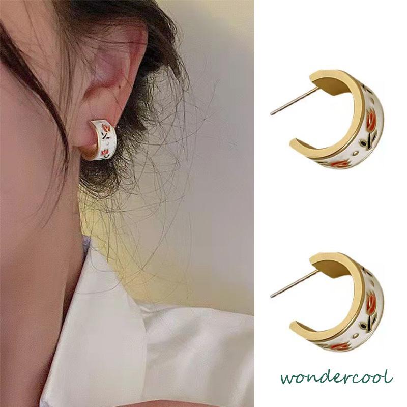 Retro Musim Semi Tulip Lingkaran C Cincin Gaya Hong Kong s925 Sterling Silver Stud Earrings-Won