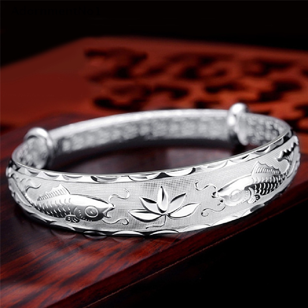 (AdornmentNo1) Gelang Tangan Silver Adjustable Motif Ikan + Bunga Teratai Untuk Perhiasan Wanita