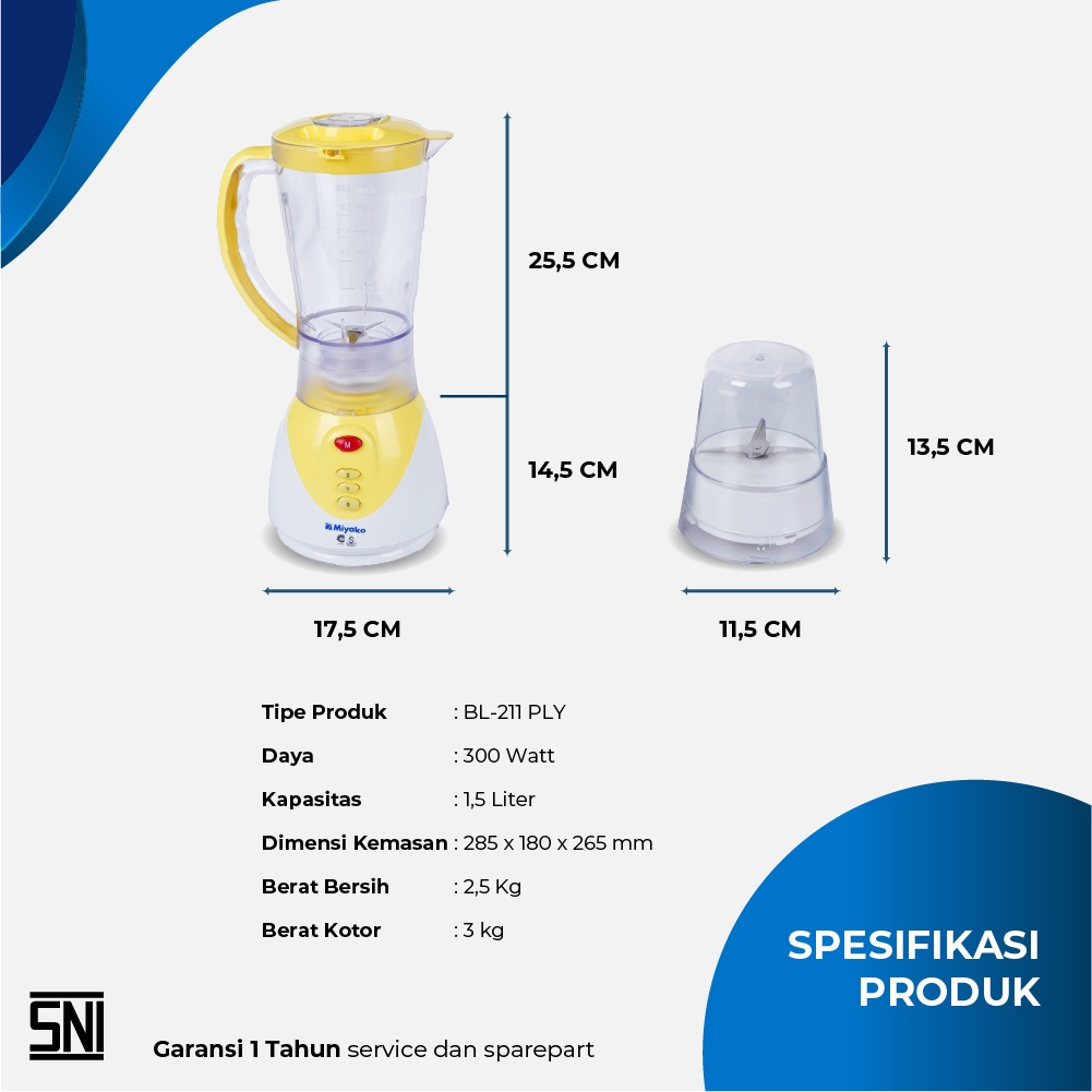 Blender Miyako BL 211 PLY Plastik 1,5 L Pelumat 2 in 1 Juicer Kuning Penghalus Bumbu Blender Plastik Miyako