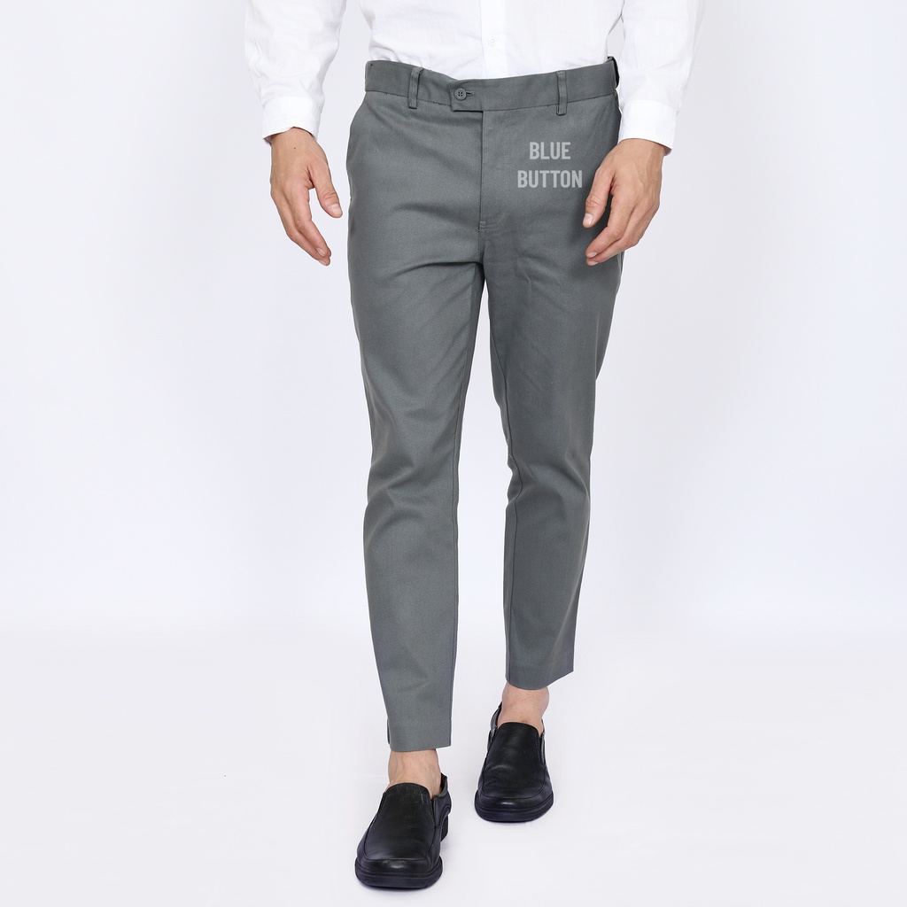 BlueButton Smart Chino Ankle Pants Slim Fit Stretch Magic Waist - Celana Panjang Pria Kerja Formal Kantor Light Grey