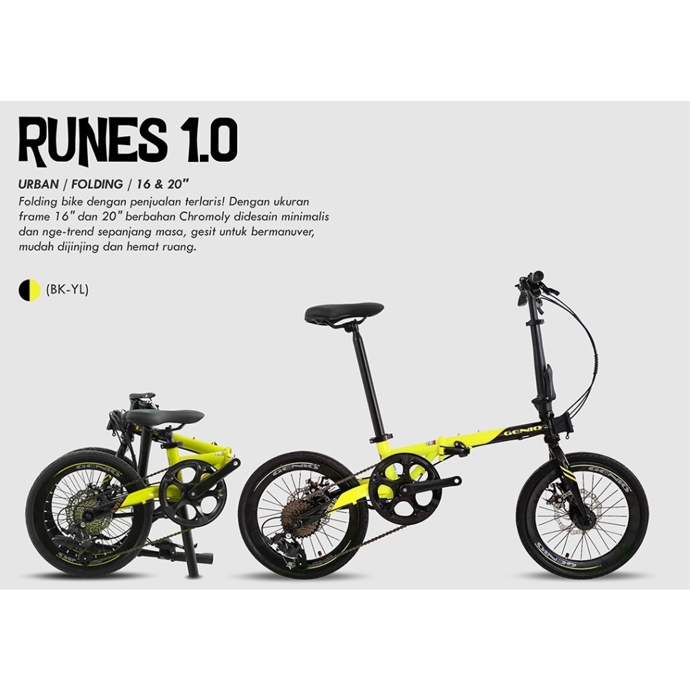 Sepeda Lipat Genio Runes 1.0 Chromoly Sensah 8 Speed Cakram 16 dan 20 inch SNI-Black Yellow