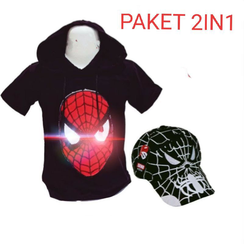 Baju anak Led hoodis spiderman gratis topi bordir - baju anak