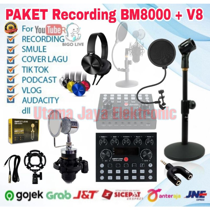 Paket Mikrofon BM8000 Soundcard Mixer V8s Bluetooth Stand Meja Pop Filter Rekaman Terbaik