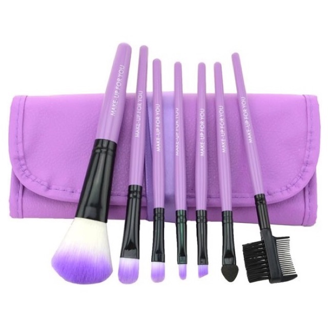 Kuas Make Up 7 Set dengan Case Kulit - Purple