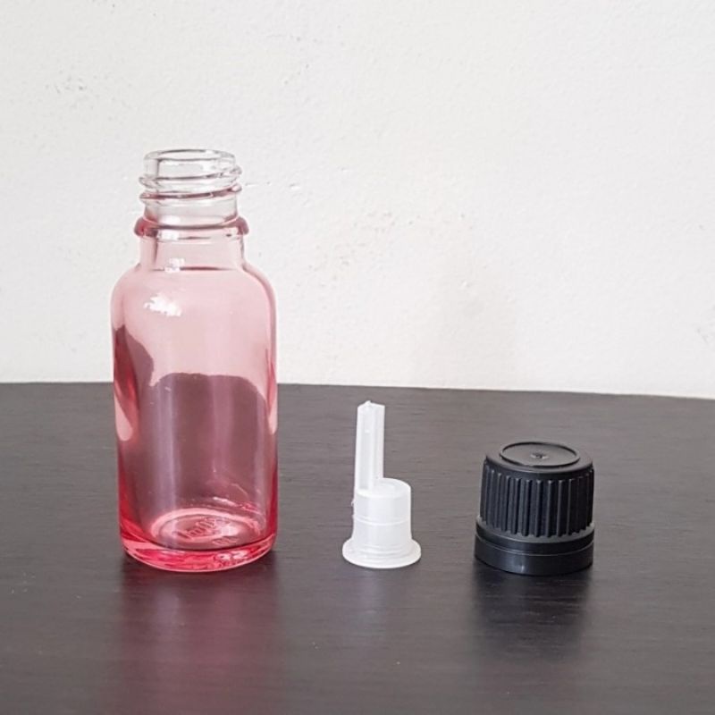 botol kaca 20ml tebal pink clear tutup filler hitam