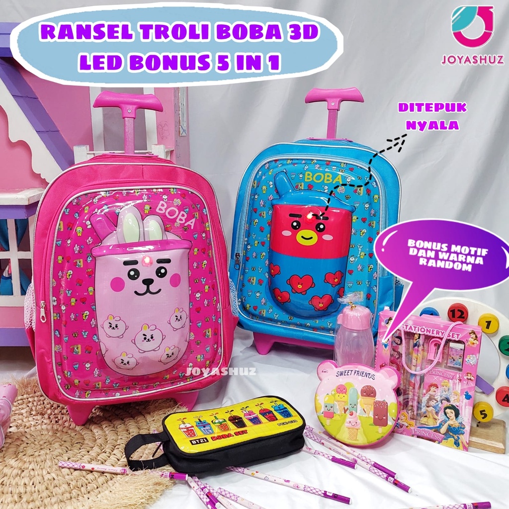 Tas Troli Boba Berbonus - Ransel Troli Boba Anak SD - Tas Troli Sekolah Anak SD  Karakter - Boba Gemes  - Tas Troli Anak Perempuan SD Gratis Botol Dan Misting - Tas Troli Sekolah Anak Perempuan Karakter Lucu - Joyashuz