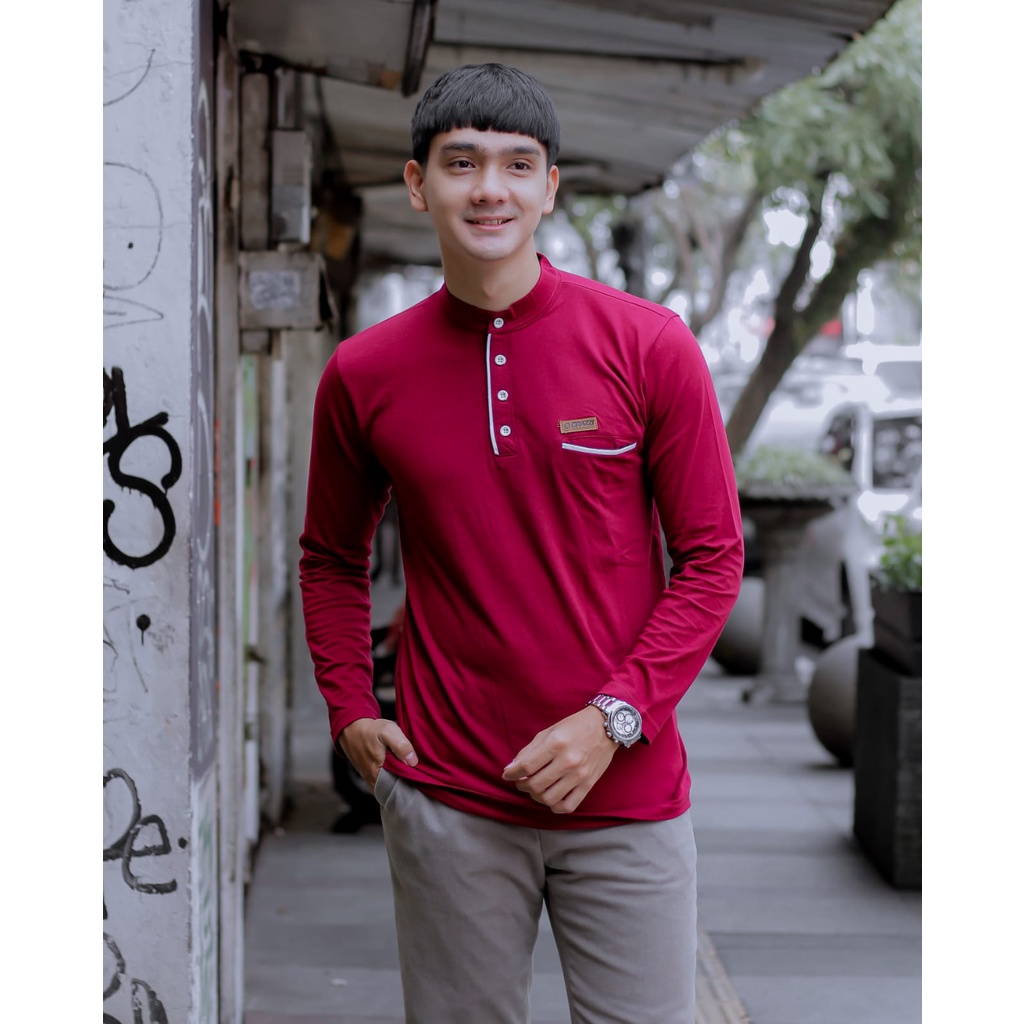 Grazzi Arrival Kaos Koko Polos Cowok Kerah Sanghai Maroon Kaos Panjang Katun Pria