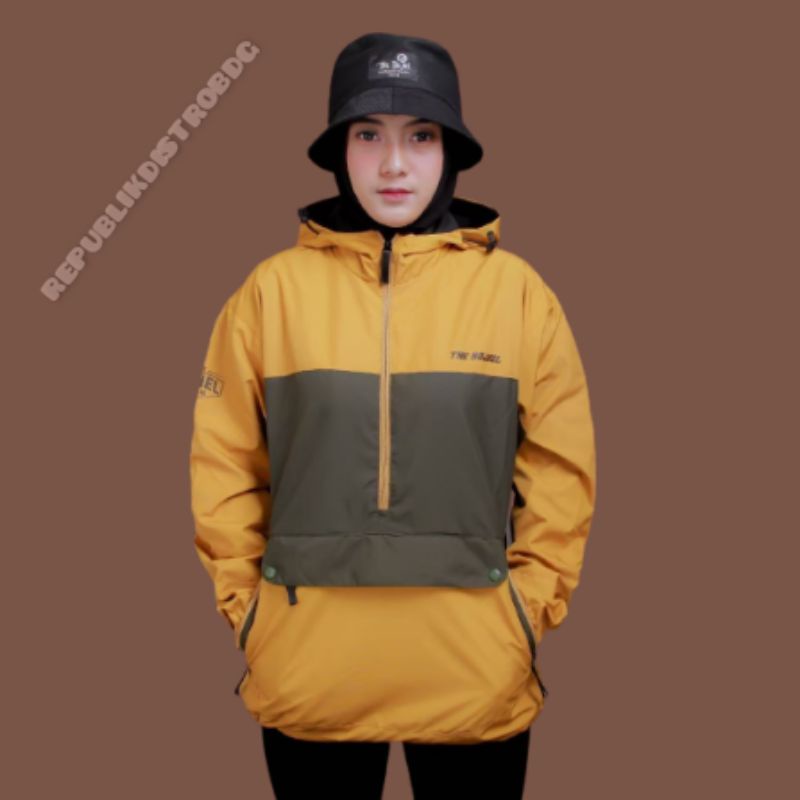 jaket pria wanita outdoor / jaket parasut cagoule hoodie murah waterproof kombinasi kuning hijau arm
