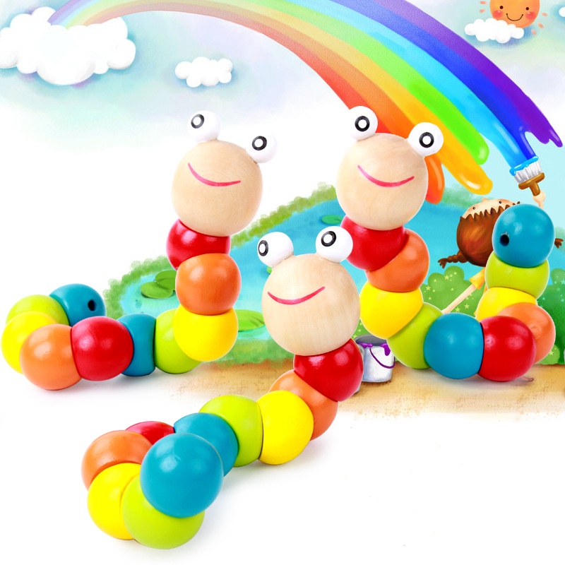 HZ Mainan Edukasi Anak Ulat Kayu Lucu / Mainan Ulat Kayu Lucu / Mini Worm Colorful Wooden Toy