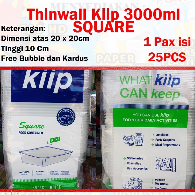 Thinwall Kiip 3000 ml SQUARE - Kotak Makan Plastik Bening Persegi Tahan Microwave (25pcs)