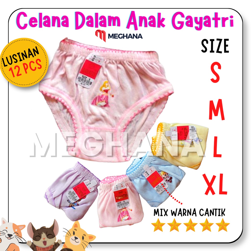 12 PCS  Celana Dalam Anak GAYATRI Polos Sablon / CD anak cewek / CD anak grosir