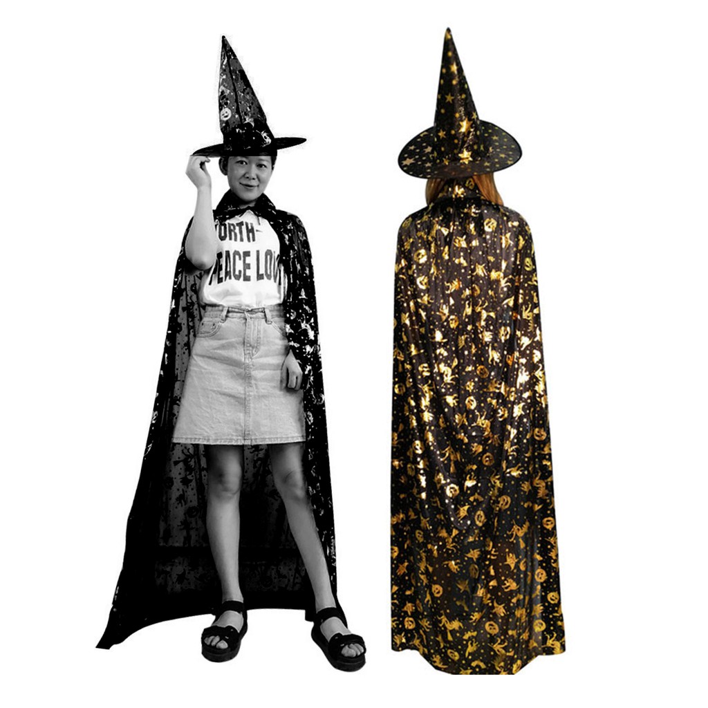 JB-07 jubah halloween hitam gold pattern penyihir witch devil iblis vampir dracula cloak