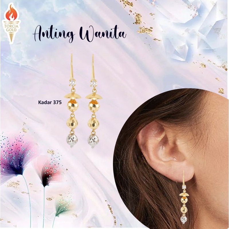 Anting Italy Panjang Emas Asli Kadar 375 Torcia Gold