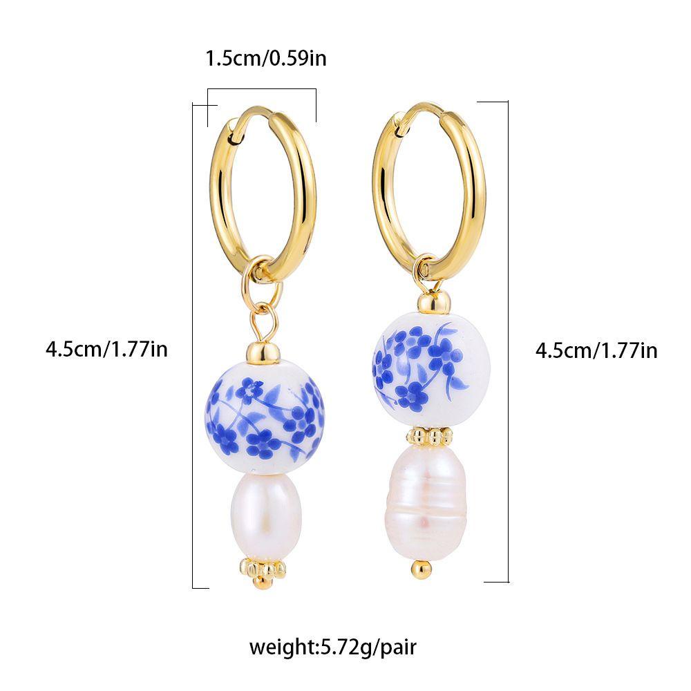 Needway Wanita Anting Hoop Kepribadian Retro Sederhana Cinta Hati Keramik Temperamen Teko Biru Dan Putih Porselen Telinga Gesper