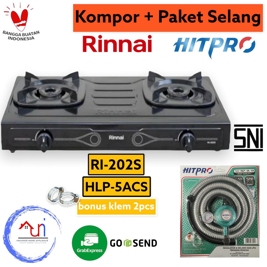 PAKET KOMPOR GAS RINNAI RI-202S DUA TUNGKU BONUS PAKET SELANG REGULATOR HITPRO HLP-5A-CS / KOMPOR 2 
