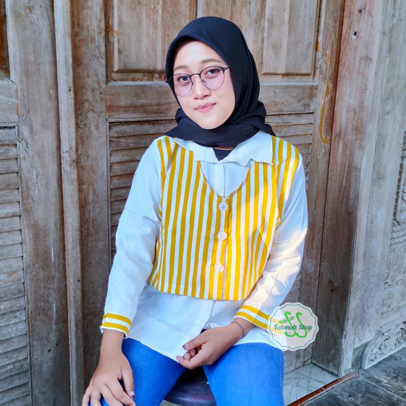 Blouse dewasa kemeja strip cewek perempuan Ld 100 garis ootd kerja jalan ( blouse strip dw )