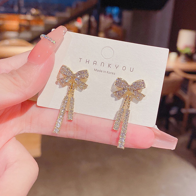 Anting Tusuk Gantung Sterling silver 925 Desain Pita + Rumbai Hias Berlian Untuk Wanita