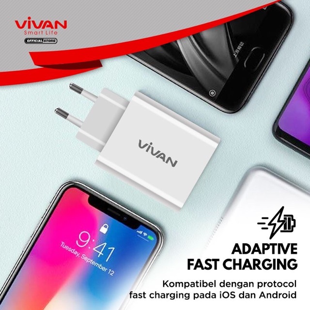 Original Charger VIVAN Universal Fast Charger 5A Type C &amp; USB Android iPhone Samsung Xiaomi Cas DT01