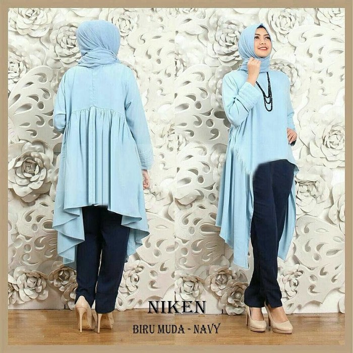 BAJU BUSANA MUSLIM STELAN NIKEN SET BIRU NAVY DRESS+CELANA+ PASMINA