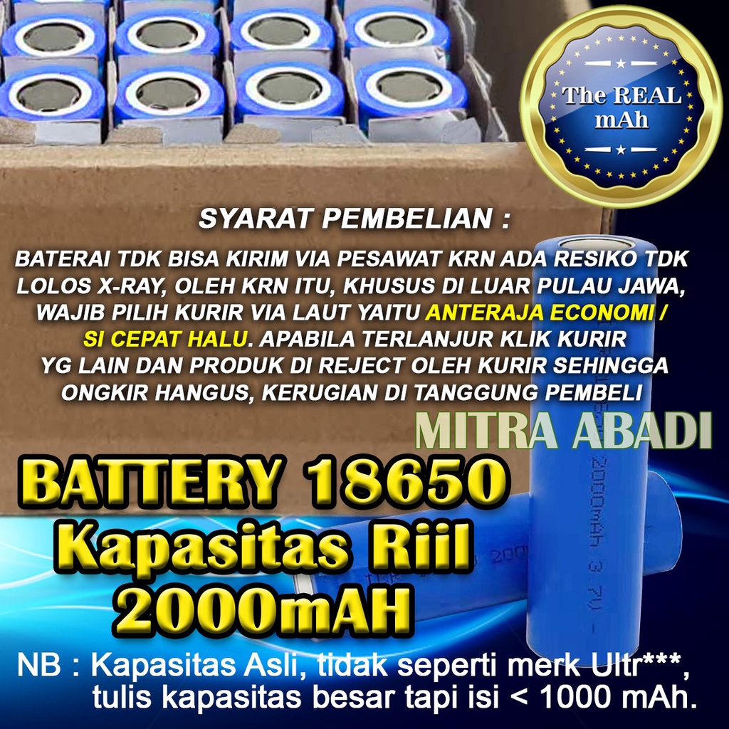 Baterai/Baterai/Battery 18650 Kapasitas Riil 2000 Mah