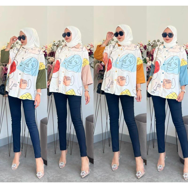 Kemeja Pretty Girls, KEMEJA JUMBO WANITA CANTIK FIT XXXL LD 132 BAHAN TOYOBO PRINTING PREMIUM TERMURAH MODIS OOTD