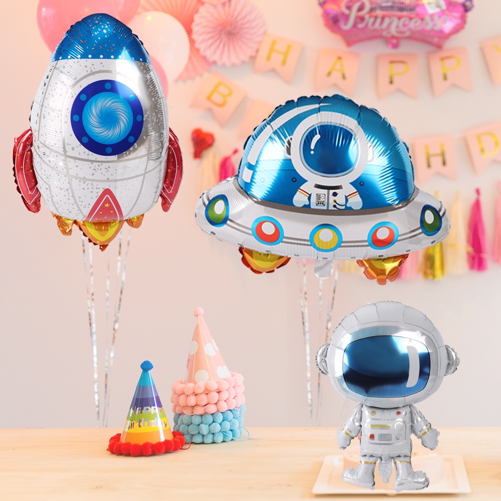 Ornamen Balon Bentuk Ufo Spaceman Rocket 4D Bahan Aluminum Foil Untuk Dekorasi Pesta Ulang Tahun Anak