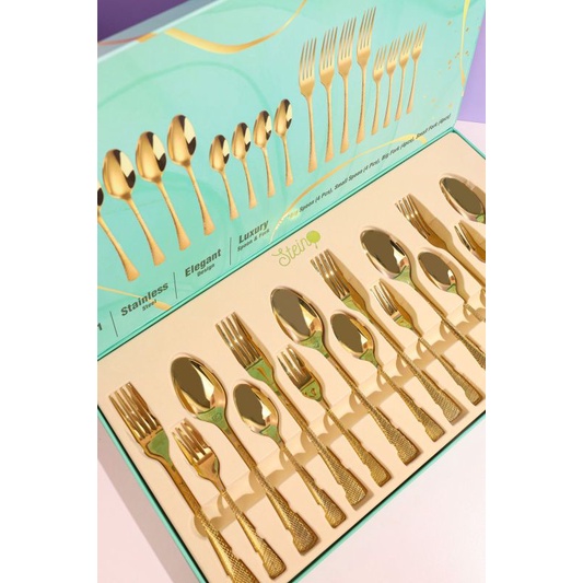 Steincookware LUNA CUTLERIES super tebal Sendok Garpu set Gold SUS cantik elegan Stein Cook Ware sendok garpu pisau sendok kue all in one