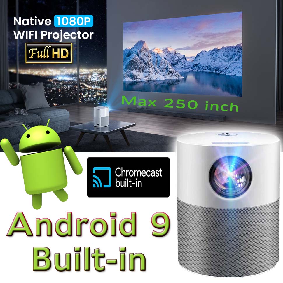 AUN Proyektor Bioskop Rumah Built-in Android 9.0  Layar Bisa 3meter Smart android TV Portable Projector Android 9.0 1080P 4000 lumens ET40S Home Entertainment Projector Office Projector Presentation Profesional Smart TV