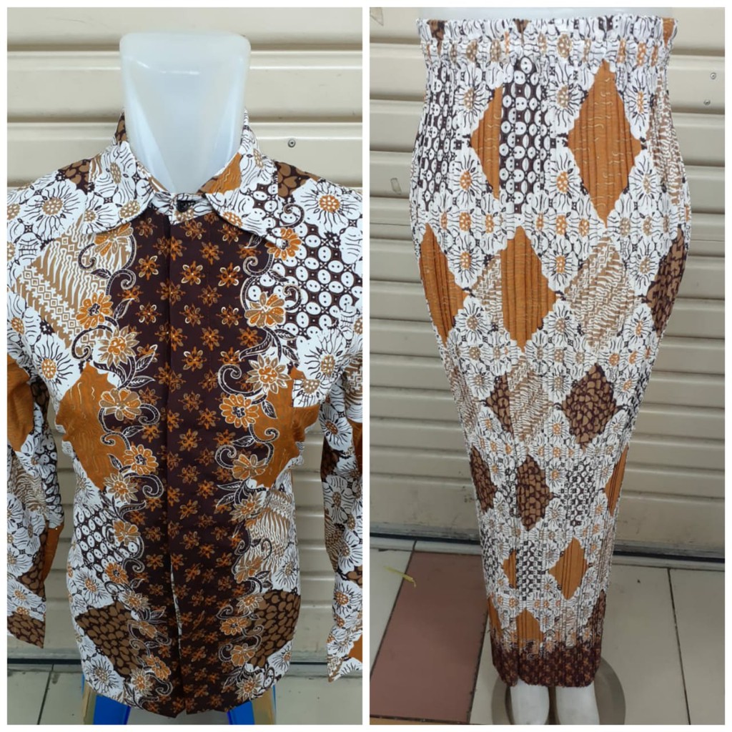 Setelan Couple Kemeja Batik Pria Panjang Dan Bawahan Kebaya Rok Plisket Wanita