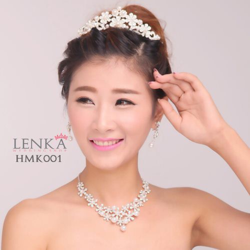 Paket Mahkota Kalung Anting Mutiara Aksesoris Wedding Modern Lenka - HMK001