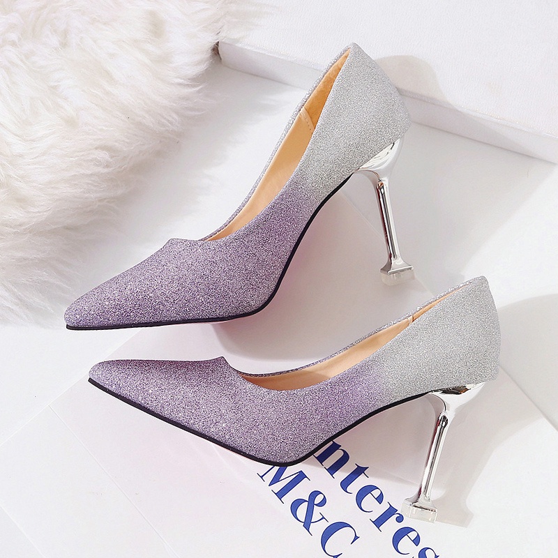 Sepatu Hak Tinggi Wanita Pernikahan Pengantin Terbaru Korea Murah Runcing Elegan Modis Warna Gradient Ungu Abu Purple Pink Grey Import Pointed Toe Stiletto Pump 9cm High Heels Wedding Shoes - Ukuran 34 35 36 37 38 39 40