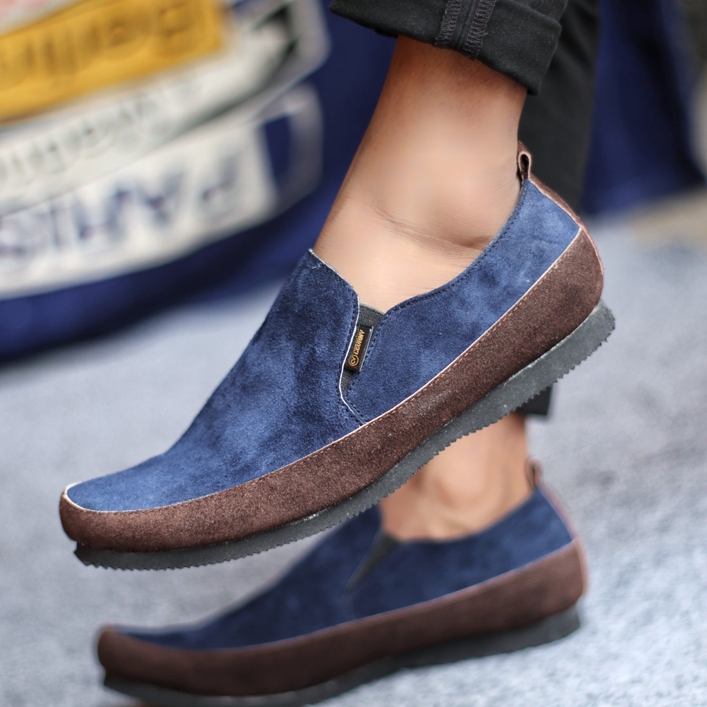 MARO Sepatu Casual Slop Pria HItam Kulit Asli Suede Slip On Cowok Trendy Murah