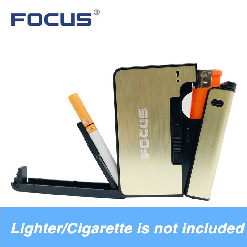 Kotak Rokok Fashion Metal Case with Lighter Korek Api Slot - goldern