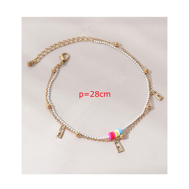 LRC Gelang Kaki Fashion Gold Color Rice Beads Beaded Lock-shaped Alloy Double Layer Anklet Y64797