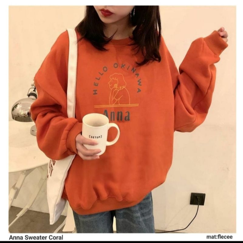 HELLO OKINAWA SWEATER OBLONG CREWNECK WANITA FLEECE ANNA