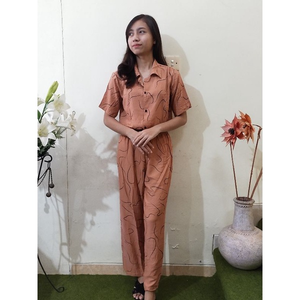 One Set Setelan Tie Dye Bali Kemeja Lengan Pendek - ONE SET Piyama Tie Dye Wanita & Pria GROSIR-GKS CoklatMoccaWM