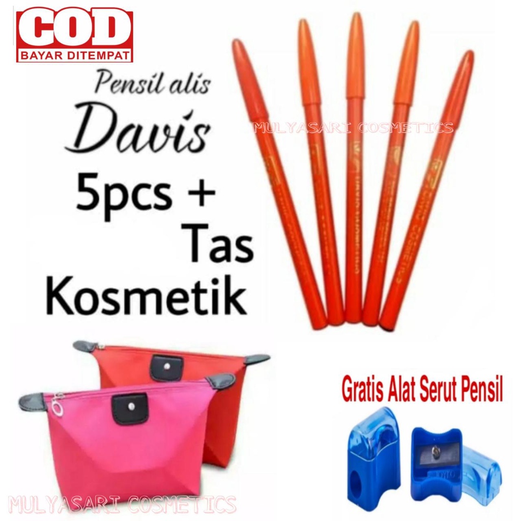 PAKET HEMAT : 5PCS - PENSIL ALIS DAVIS COKLAT + TAS KOSMETIK POUCH + GRATIS SERUTAN