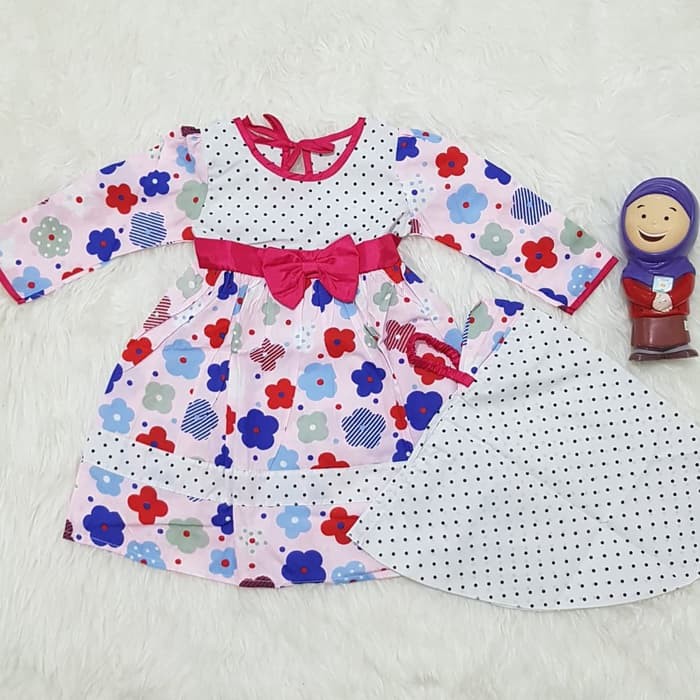 Baju Muslim Gamis Anak Bayi Perempuan Set Jilbab Isntant Flower Polka allsize usia umur 8 - 18 bulan