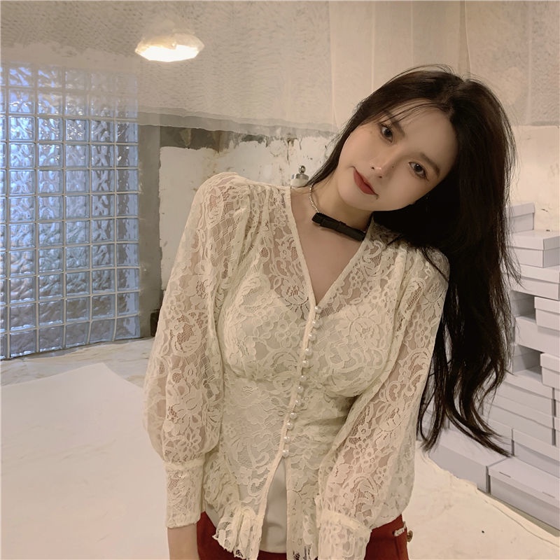 atasan renda import french lace chiffon bottoming shirt model putri dengan atasan lengan panjang pen