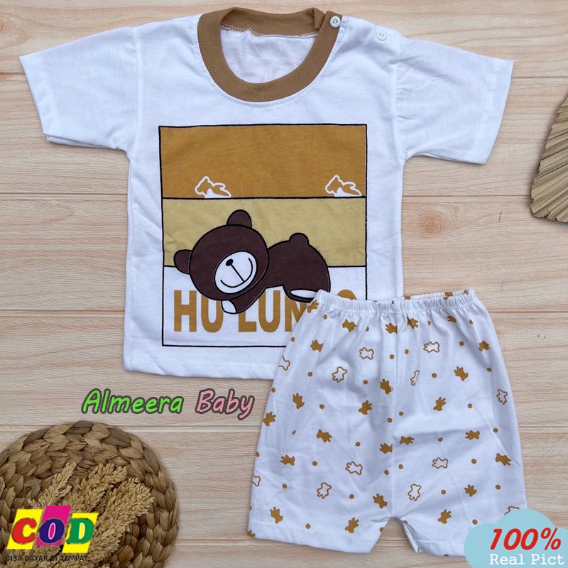 Setelan Baju Bayi Setelan Piyama Bayi Lengan Pendek Kancing Bahu Usia 3-12 Bulan Almeera Baby