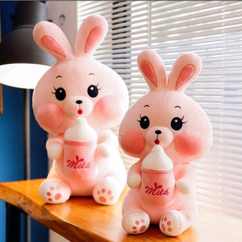 Boneka Kelinci Rabbit Pink Milk Bottle Pegang Dot Susu Bahan Plush Import Terbaru Imut Lucu