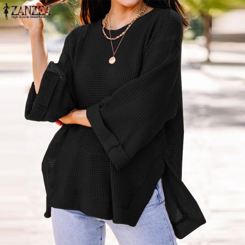 ZANZEA Women Retro O Neck Full Sleeve Casual Split Hem Loose Blouse