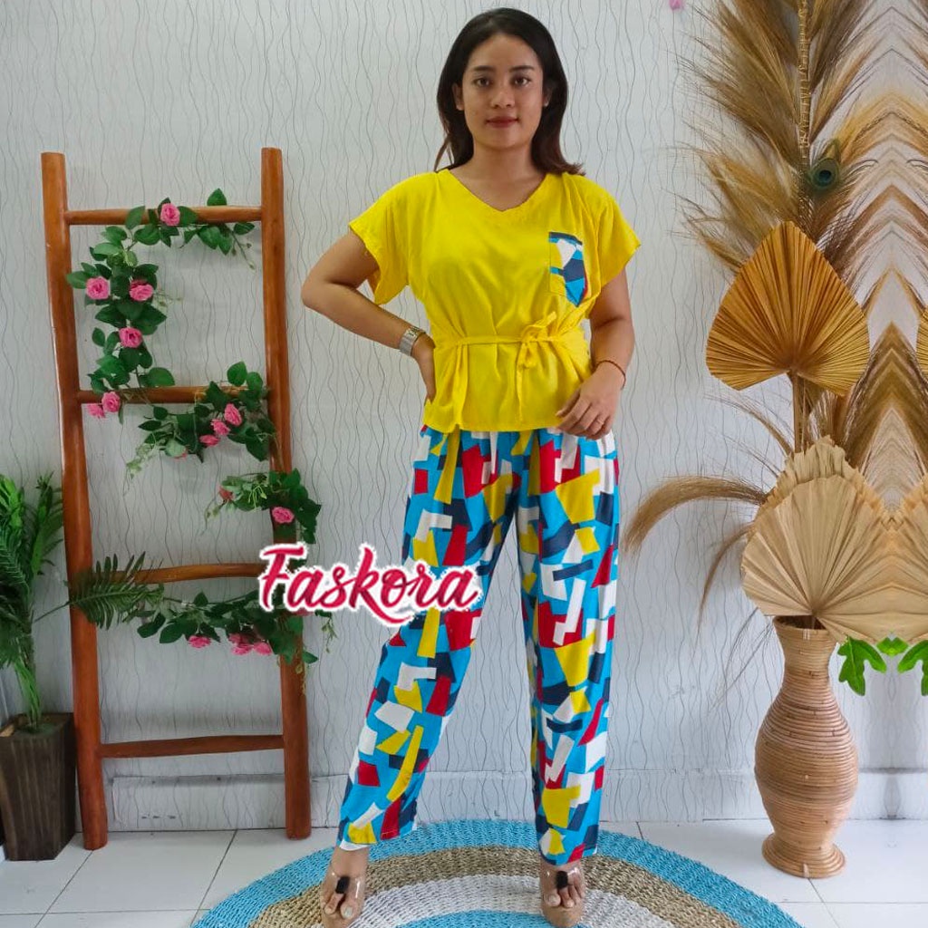 Piyama Wanita Rayon Jumbo Setelan Baju Tidur Kekinian Motif Geometri Lengan Pendek