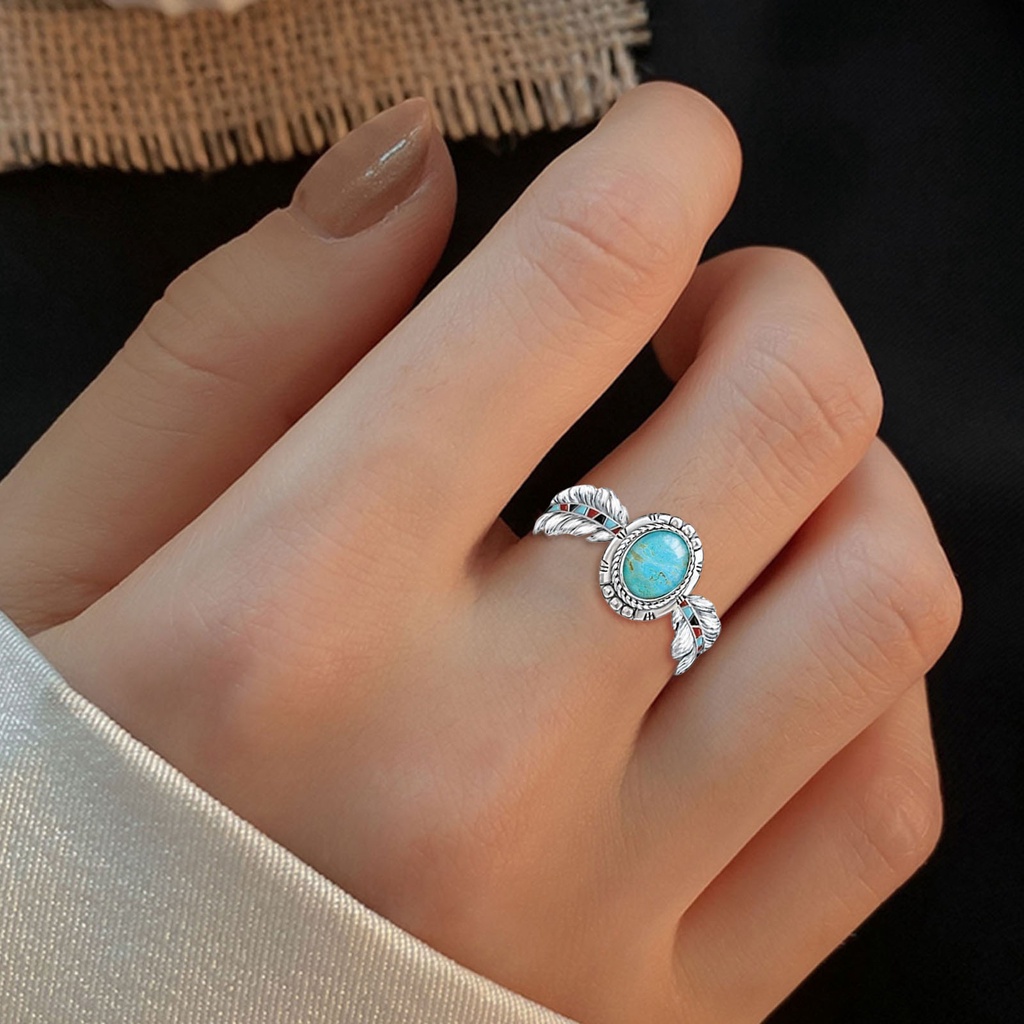 Hu Hu Hu Hu Hu Alat Bantu Pasang Kacamata♡ Cincin Desain Bulu Elang Aksen Turquoise Gaya Etnik Vintage Untuk Wanita