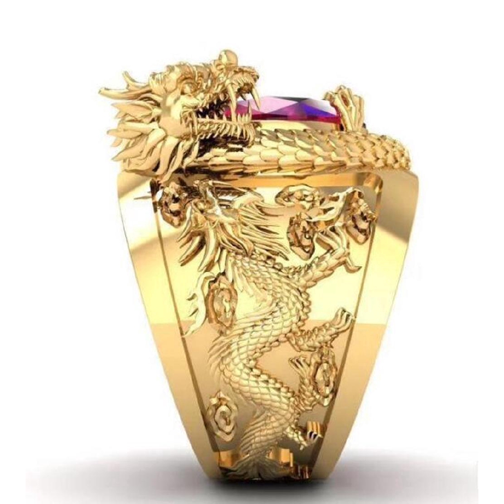 Cincin Naga Emas 18k Kristal Ruby Perhiasan Fashion Punk Pria Hewan Baja Titanium Gold Dragon Rings